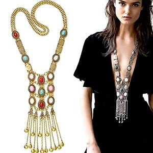Long Tribal Boho Beads Fringe Oxidized Necklace